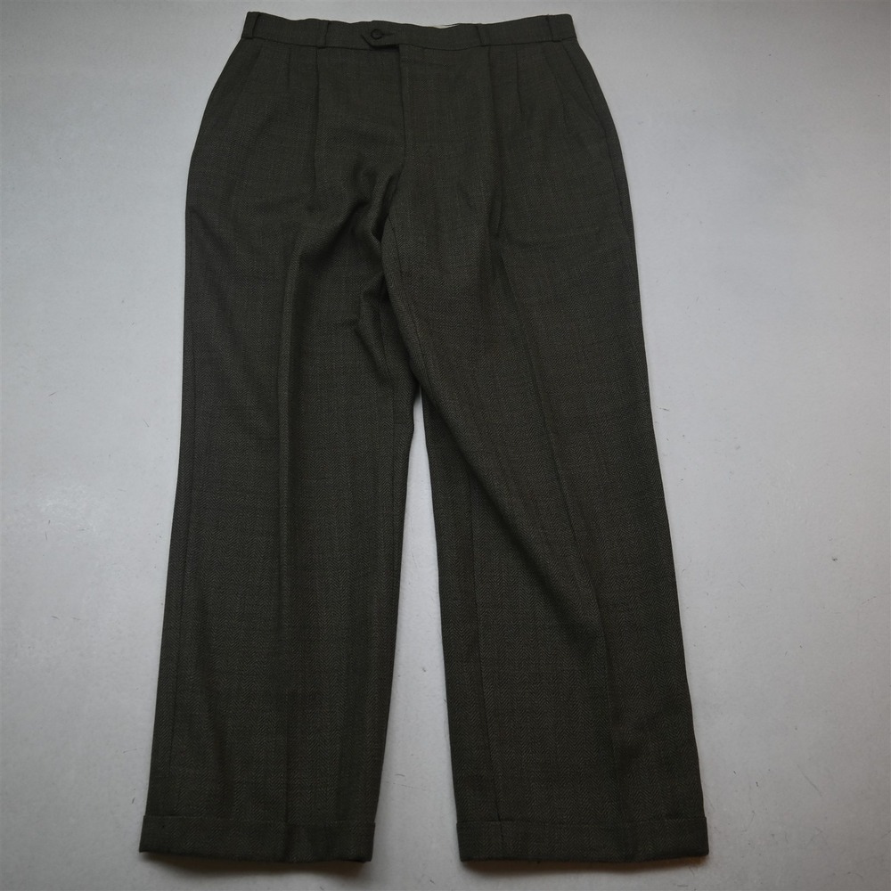 Vtg Cellini 33x32 Brown Herringbone 100% Wool Pleated Cuffed Dress Mens Pants